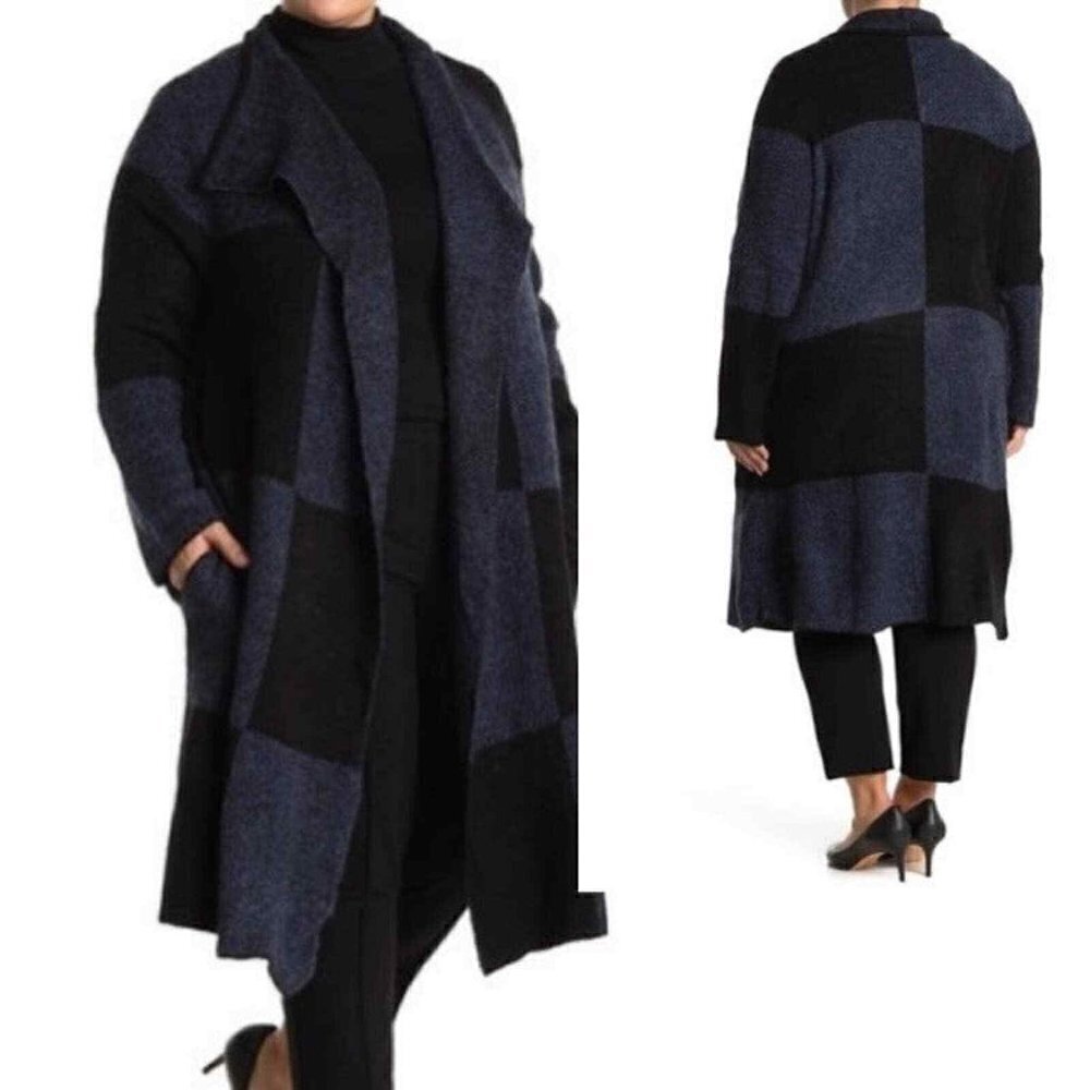 Joseph A. Buffalo Check Longline Duster Cardigan Blue Black - Picture 1 of 13